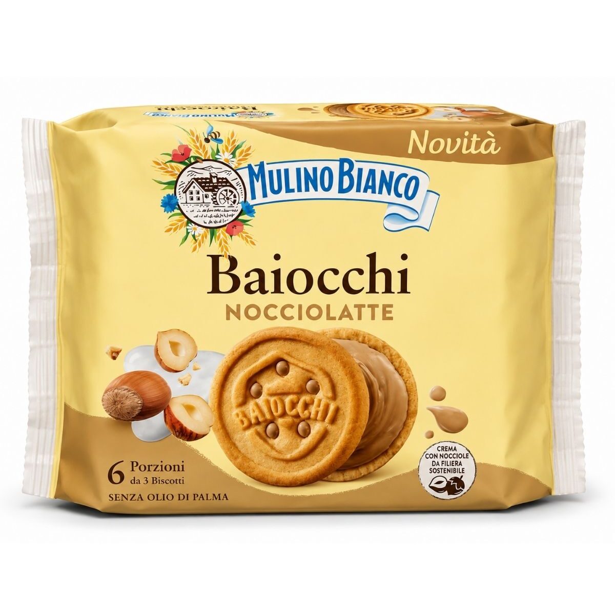 Baiocchi Nocciolatte - Krehké plnené sušienky s lieskovoorieškovým a mliečnym krémom – Mulino Bianco 168g