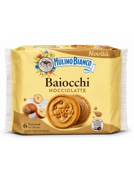 Baiocchi Nocciolatte - Krehké plnené sušienky s lieskovoorieškovým a mliečnym krémom – Mulino Bianco 168g