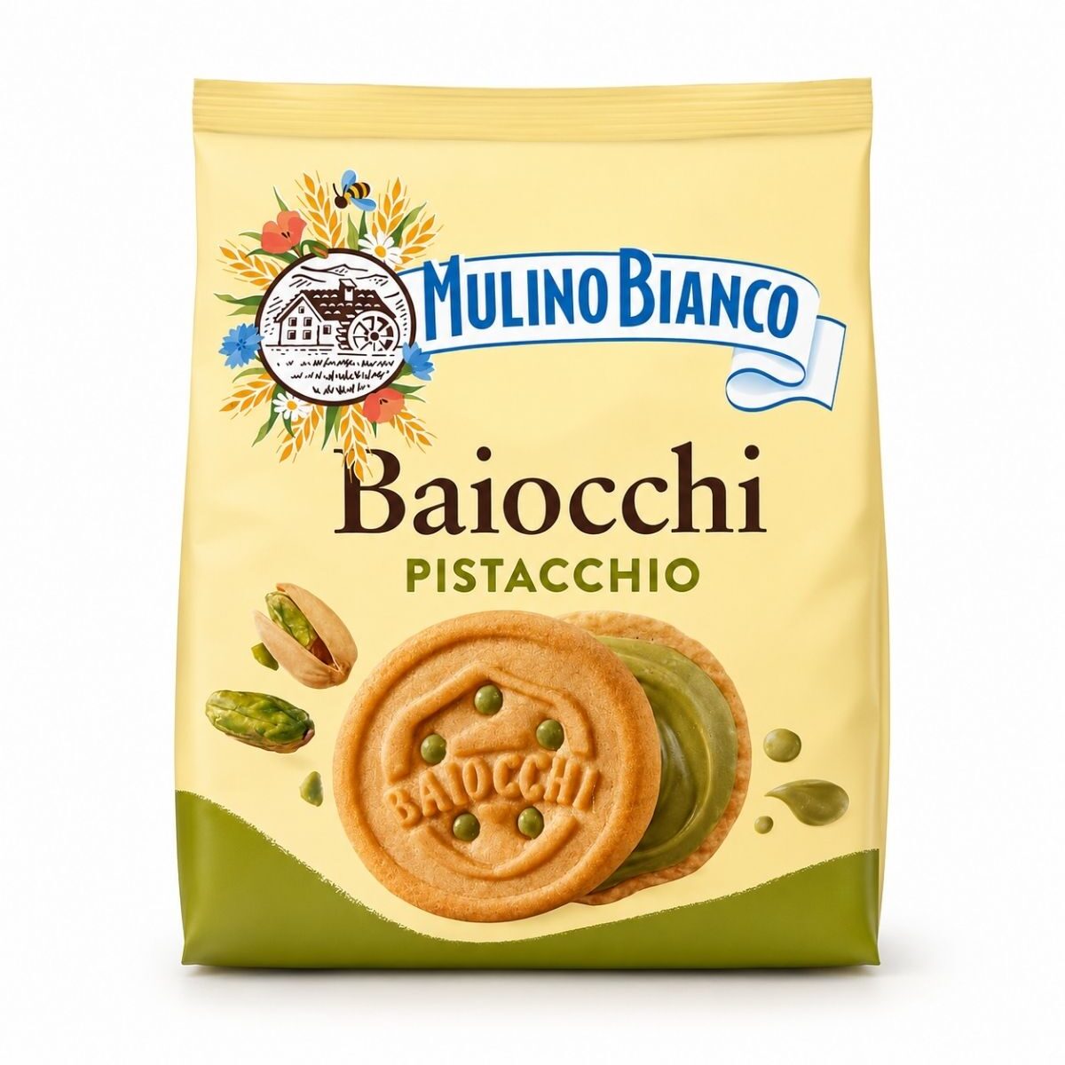 Baiocchi Pistacchio – Krehké plnené sušienky s pistáciovým krémom – Mulino Bianco 240 g