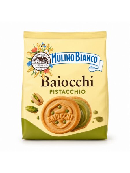 Baiocchi Pistacchio – Krehké plnené sušienky s pistáciovým krémom – Mulino Bianco 240 g