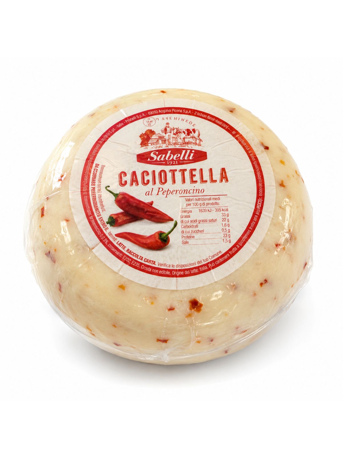 Caciottella al Peperoncino – jemný syr z kravského mlieka s chilli papričkou a nejedlou ošetrenou kôrkou – Sabelli, cca 1kg
