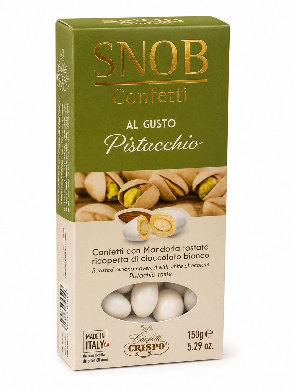 Confetti Snob al Pistacchio – dražé s praženou mandľou v bielej čokoláde s pistáciovou príchuťou – SNOB Confetti 150 g