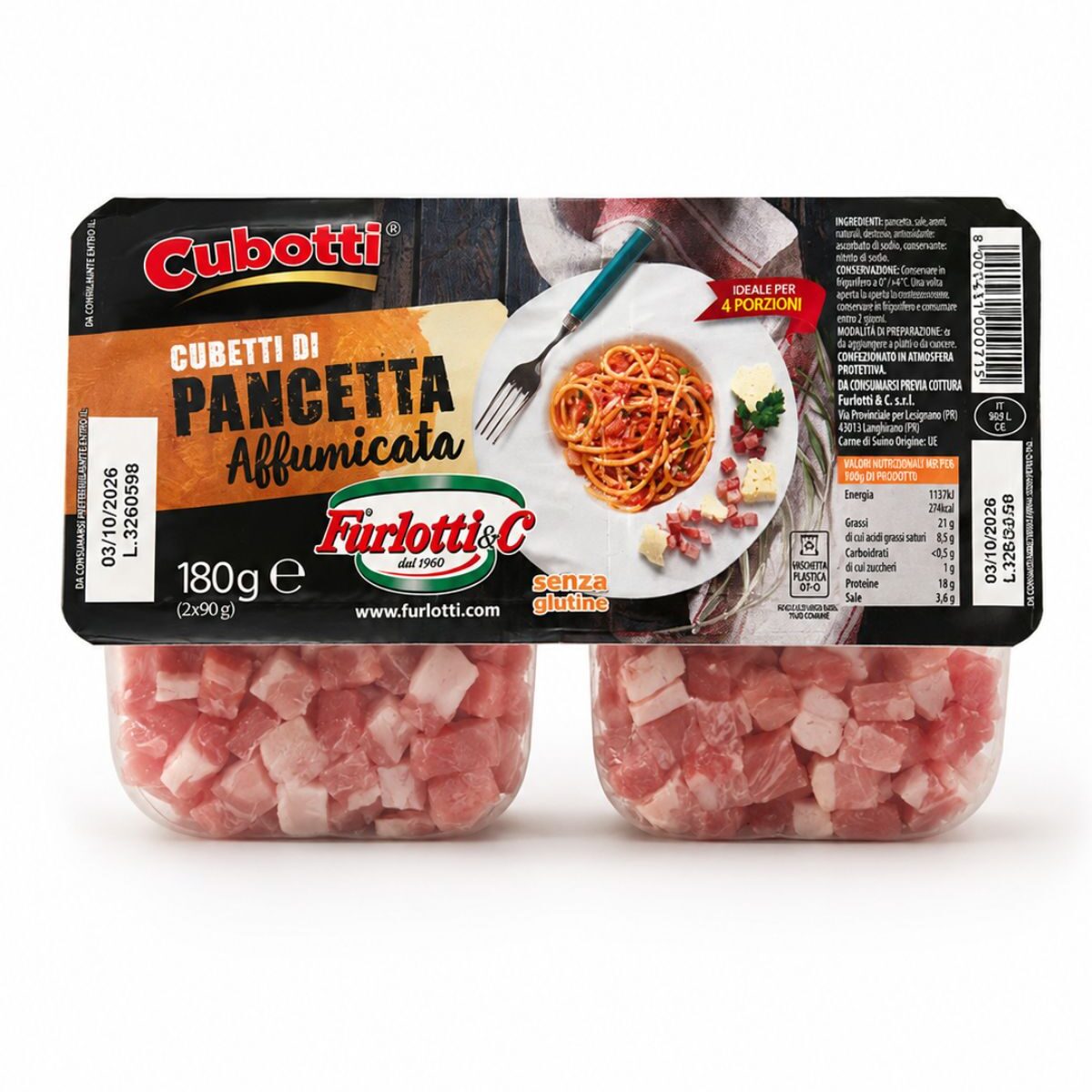 Cubotti di Pancetta Affumicata – kocky údenej bravčovej pancetty – Furlotti 180 g (2 × 90 g)