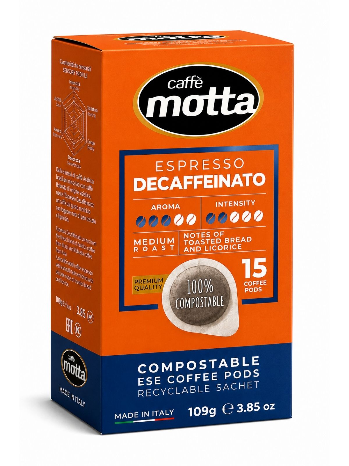 Espresso Decaffeinato – bezkofeínová pražená mletá káva v ESE podoch – Caffè Motta 15 ks, 109 g