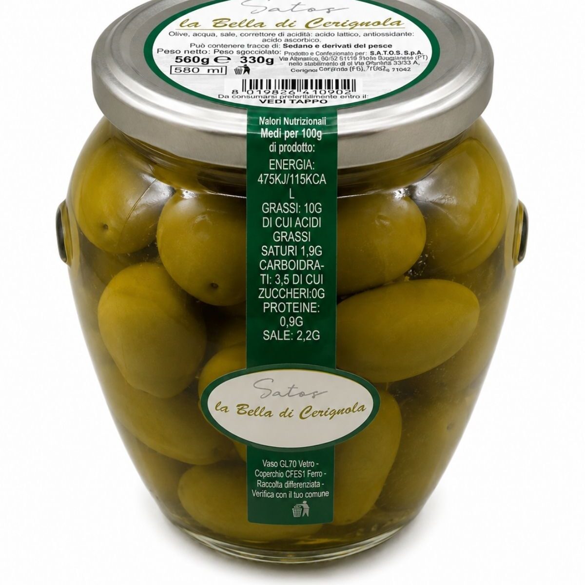 La Bella di Cerignola – zelené olivy Bella di Cerignola v náleve – Satos 580 g