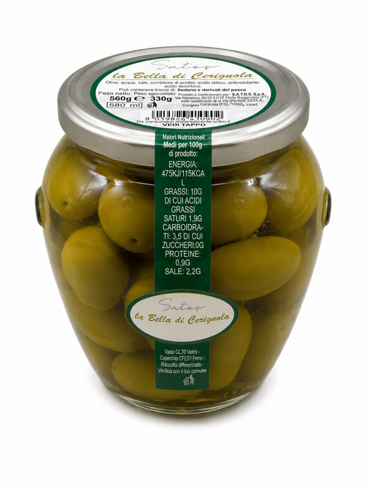 La Bella di Cerignola – zelené olivy Bella di Cerignola v náleve – Satos 580 g