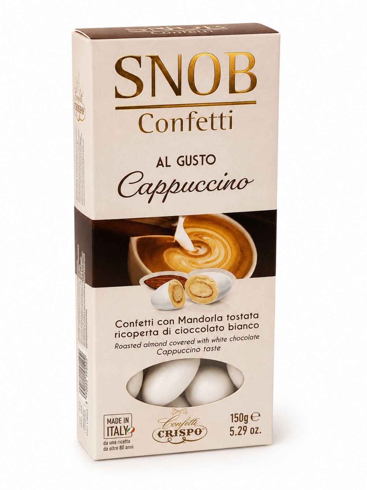 Mandorla Tostata Ricoperta di Cioccolato Bianco Confettata al Gusto Cappuccino – dražé s praženou mandľou v bielej čokoláde s príchuťou cappuccino – SNOB Confetti 150 g