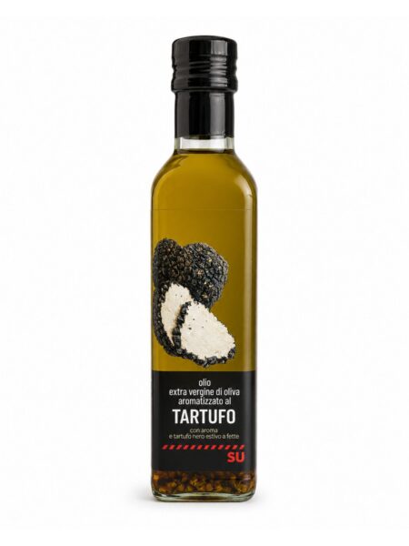 Olio Extra Vergine di Oliva Aromatizzato al Tartufo – extra panenský olivový olej s arómou hľuzovky a plátkami čiernej letnej hľuzovky – Selex 250 ml