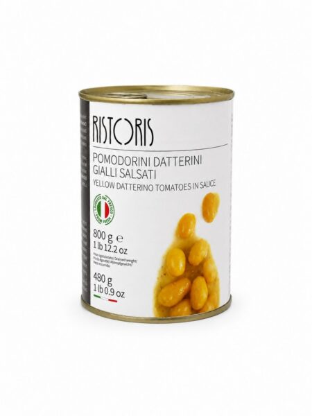 Pomodorini Datterini Gialli Salsati – žlté paradajky Datterino v žltej paradajkovej šťave – Ristoris 800 g