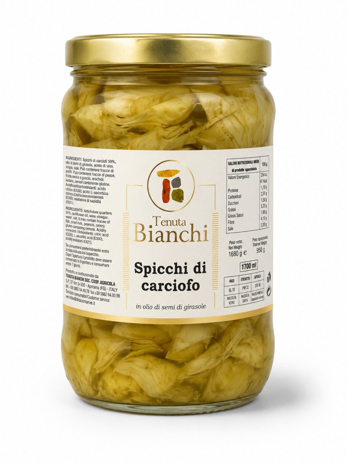 Spicchi di Carciofo in Olio di Semi di Girasole – štvrtiny artičokov v slnečnicovom oleji – Tenuta Bianchi 1680 g