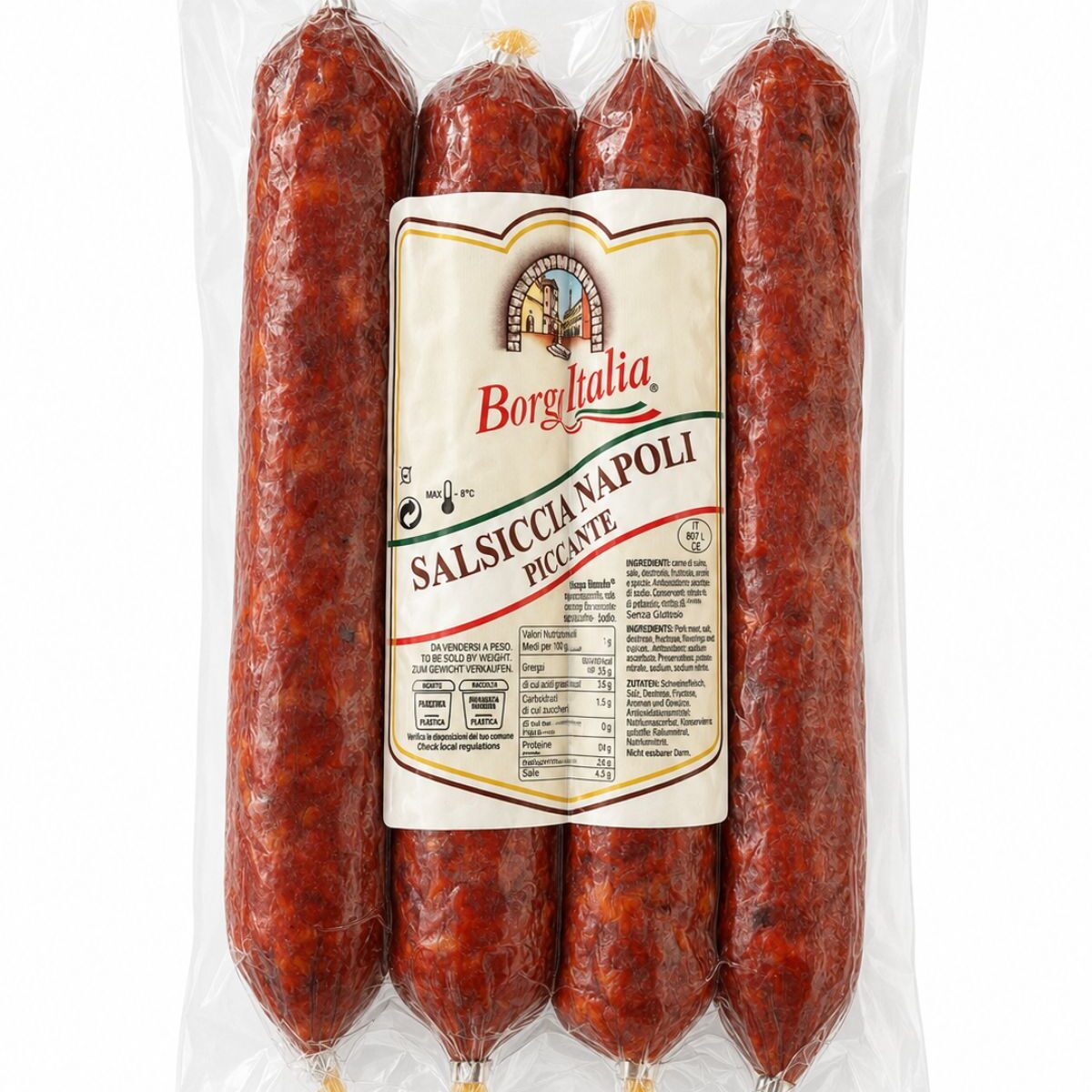 Salsiccia Napoli Piccante Lunga S.V. – pikantná neapolská bravčová saláma – Borgo Italia cca 1kg