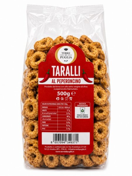 Taralli al Peperoncino – chrumkavé talianske taralli s chilli – Terre di Puglia 500 g