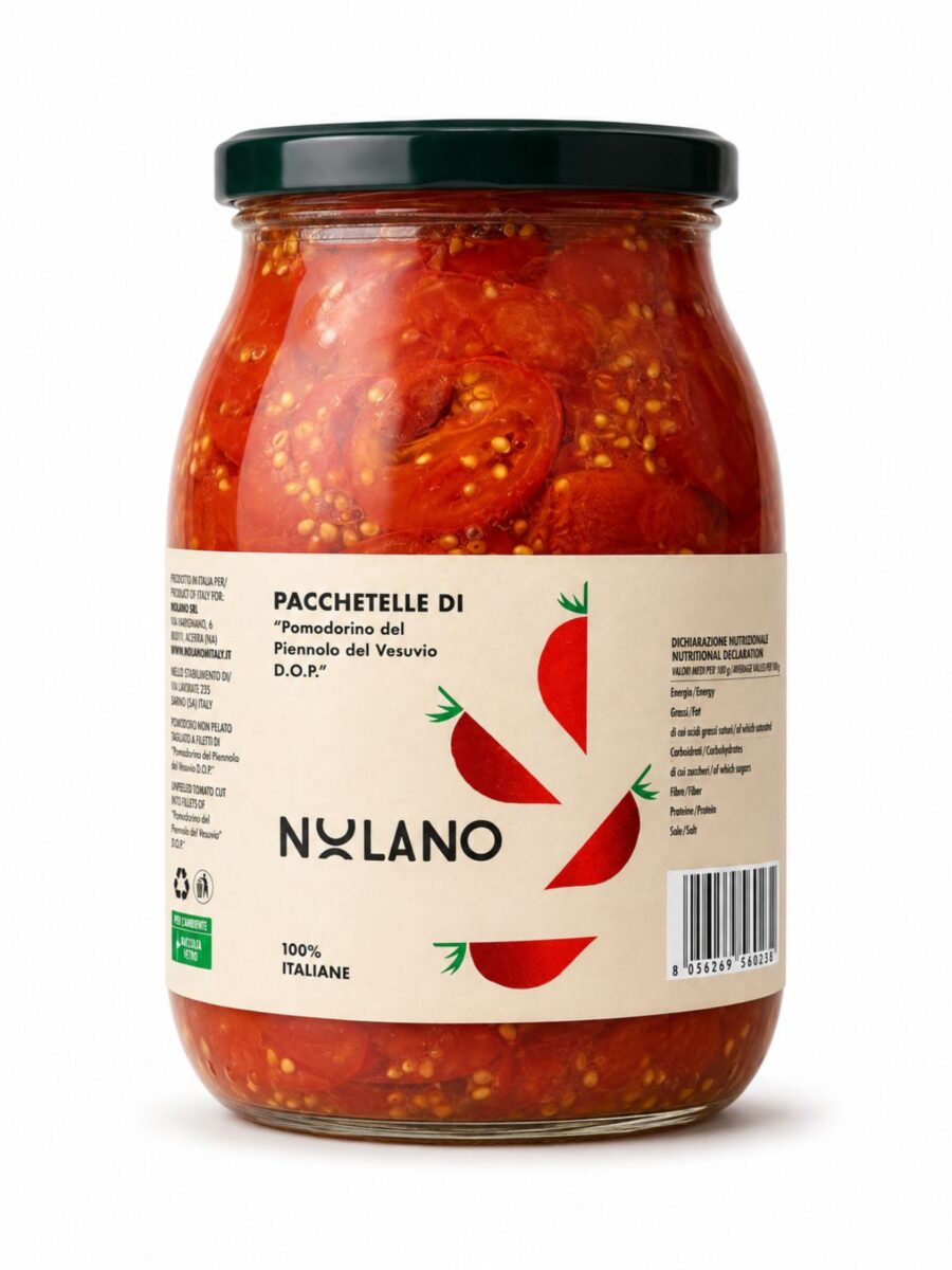 Pacchetelle di Pomodorino del Piennolo del Vesuvio DOP – nelúpané paradajky krájané na filety Nolano 950 g